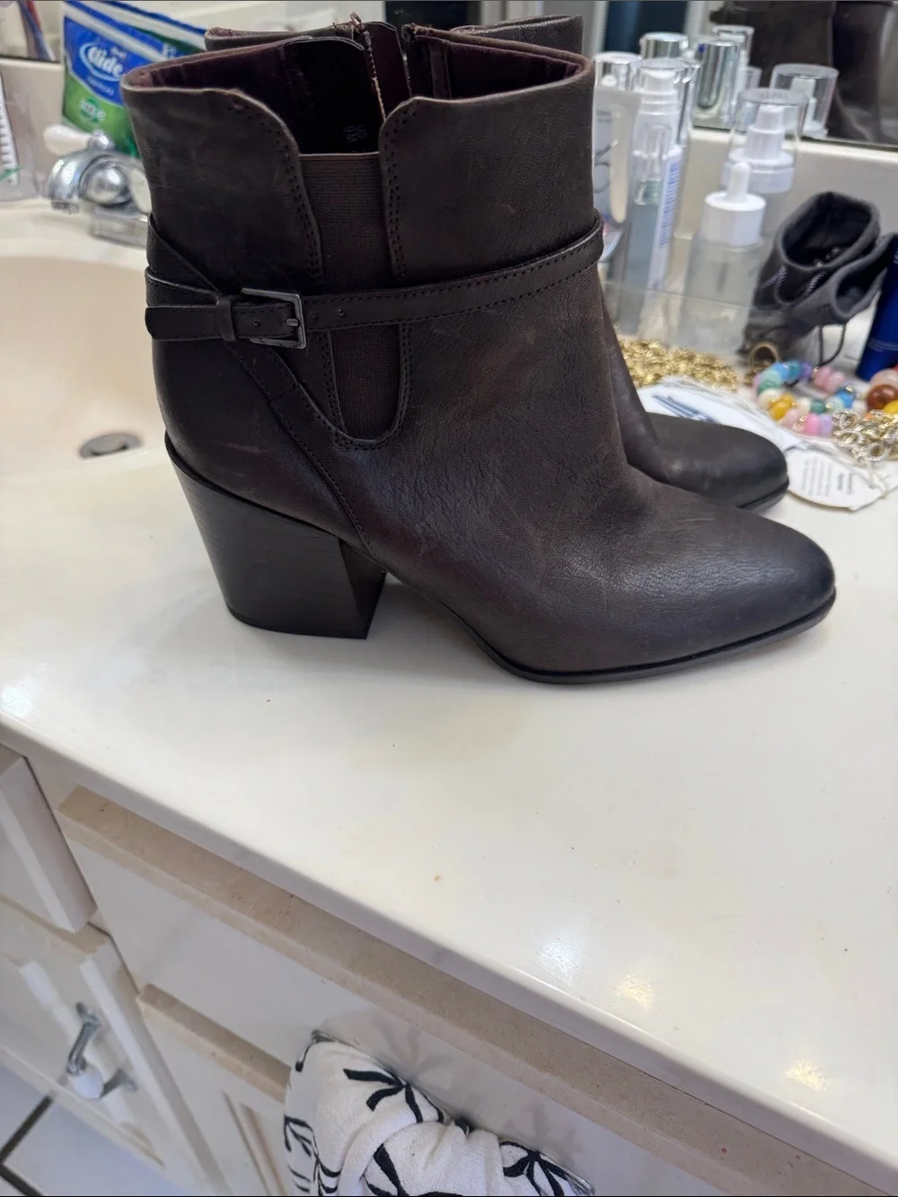 Franco Sarto Dark Brown Leather Buckle Ankle Boots